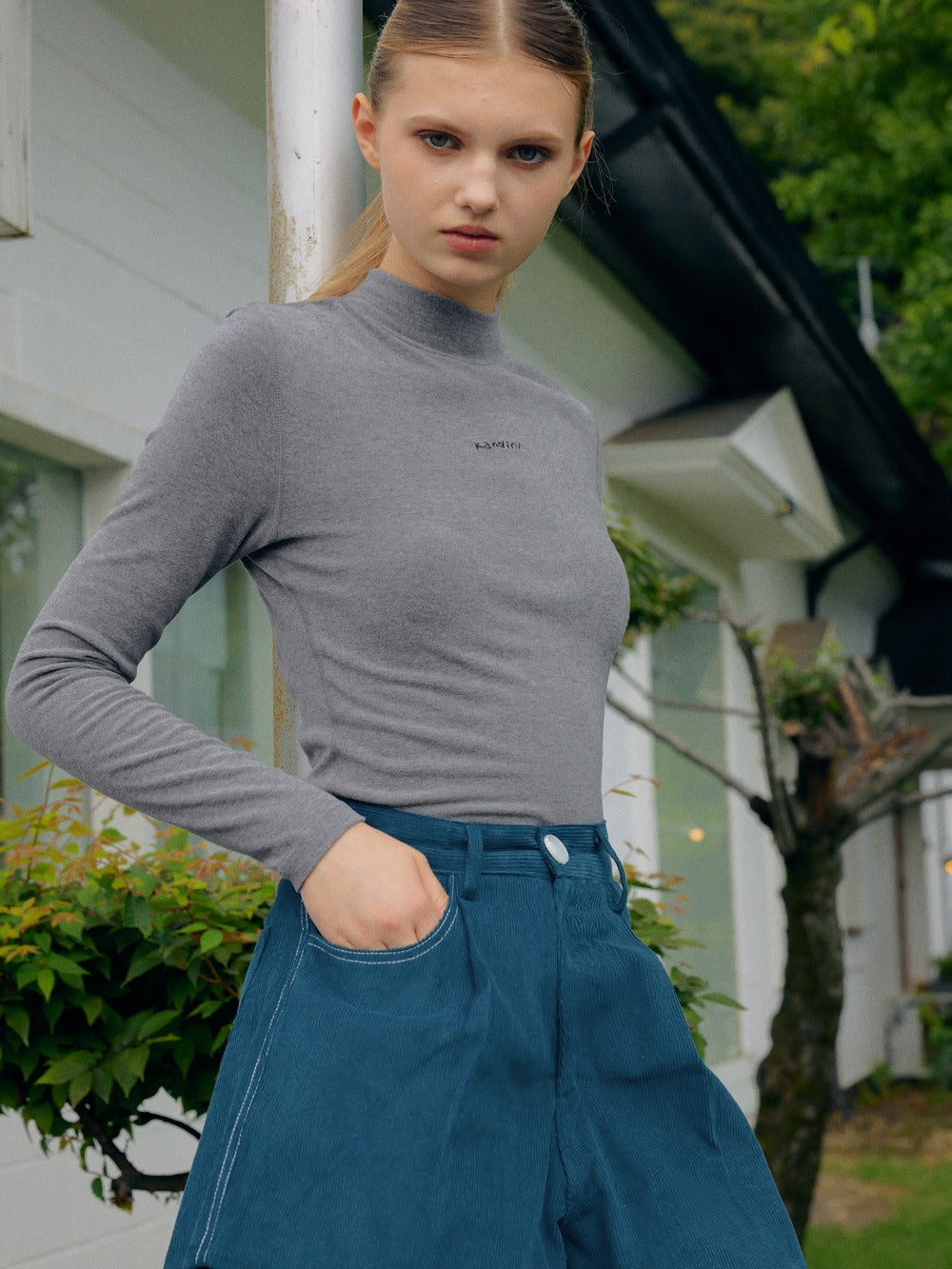 ウォーム ハイネックカットソー(グレー)