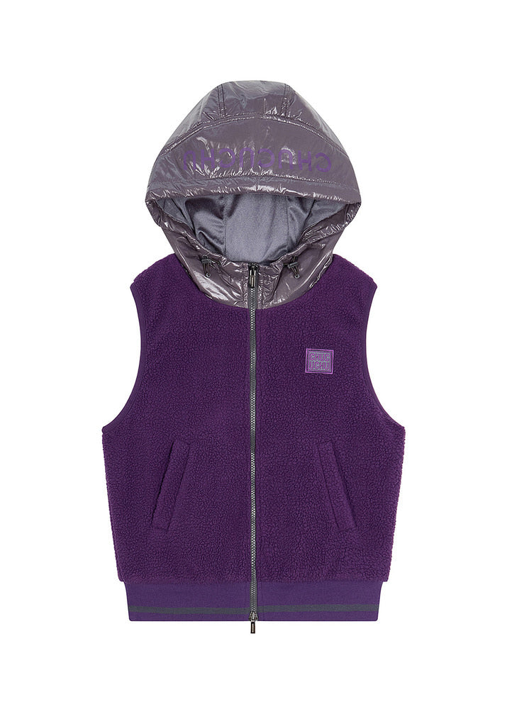 フリース 2WAY フード付きジップアップベスト(パープル)