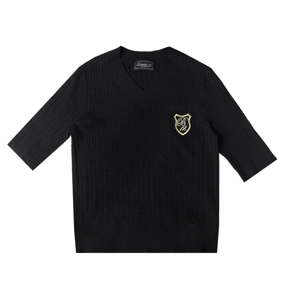 5分袖 Vネックカットソー(ブラック) - SOMUA CLUB