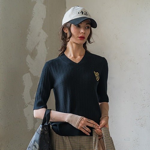 5分袖 Vネックカットソー(ブラック) - SOMUA CLUB