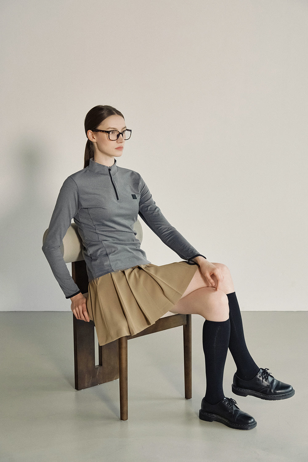 ハーフジップアップ モックネックシャツ(グレー)