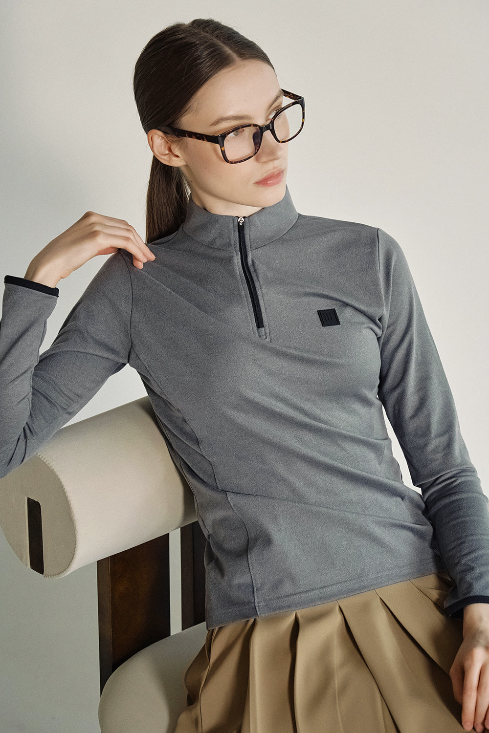 ハーフジップアップ モックネックシャツ(グレー)