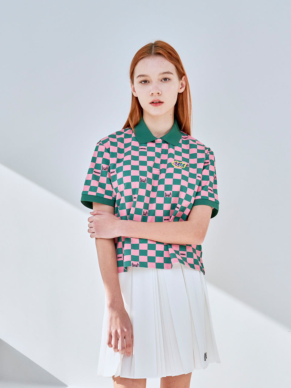 チェッカーボード ポロシャツ(グリーン / ピンク)