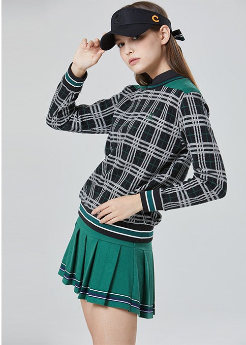 ブランド品専門の チェック柄ダブルクルーネック（ブラック） CLUB SOMUA – レディースウェア