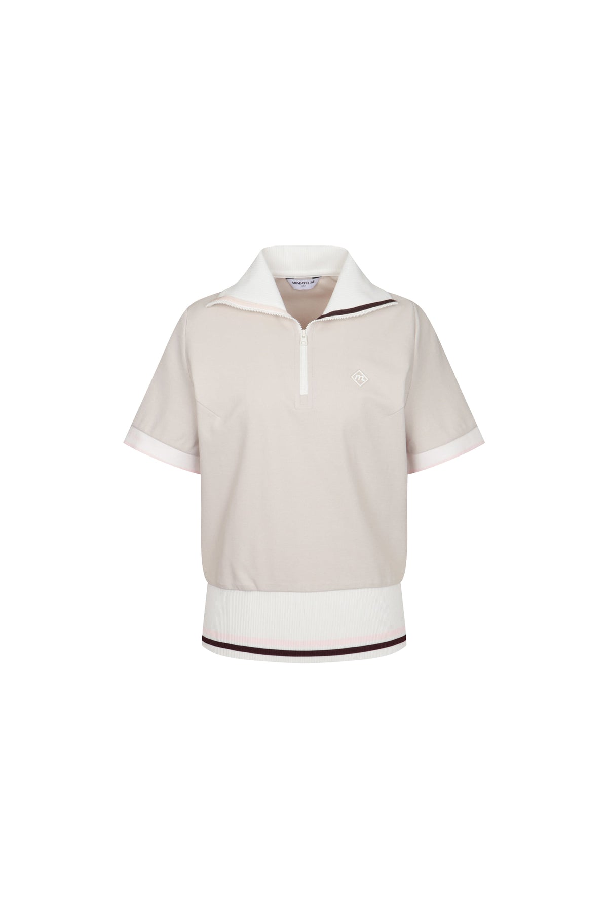 ワイドカラー ハーフジップアップ トップ（ベージュ）