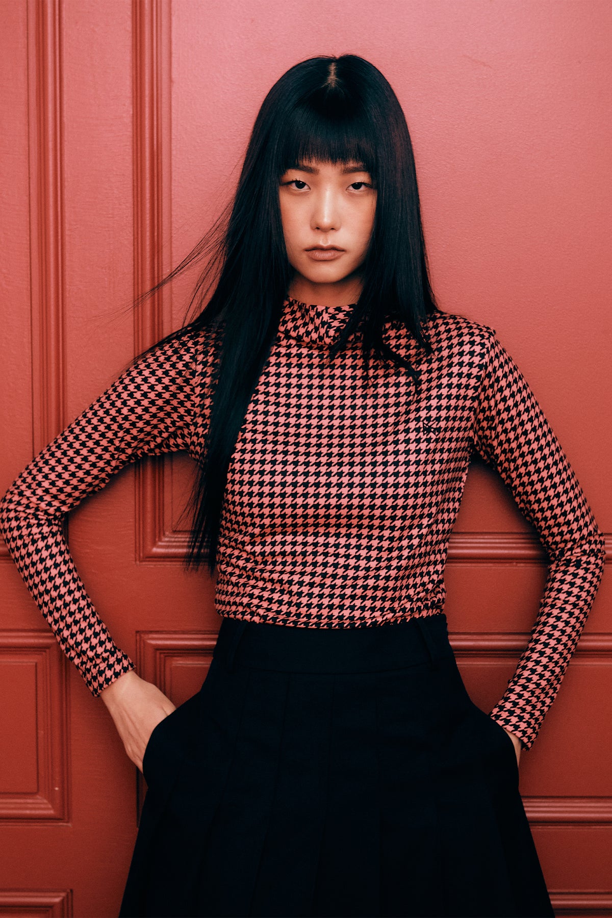 フード付き 長袖モックネックシャツ（千鳥格子）