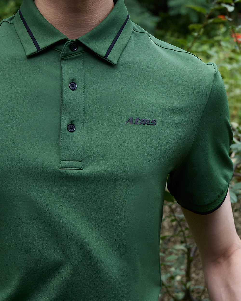 （メンズ）バンドカラー ポロシャツ（カーキ）