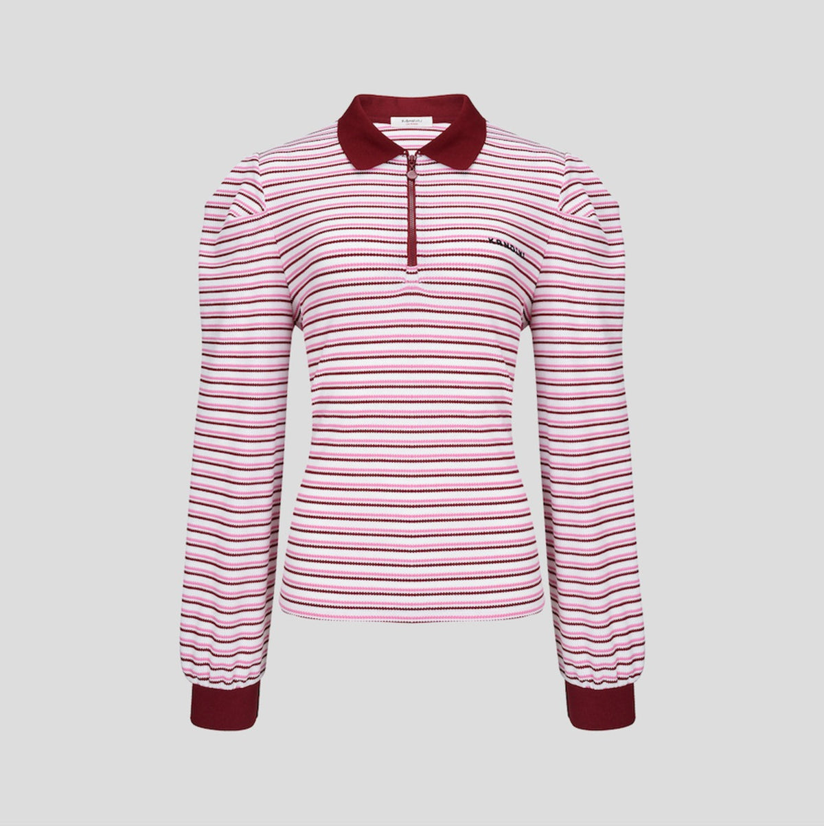 ストライプ パフスリーブポロシャツ（ワイン）