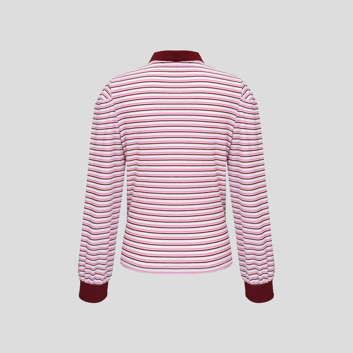 ストライプ パフスリーブポロシャツ（ワイン）