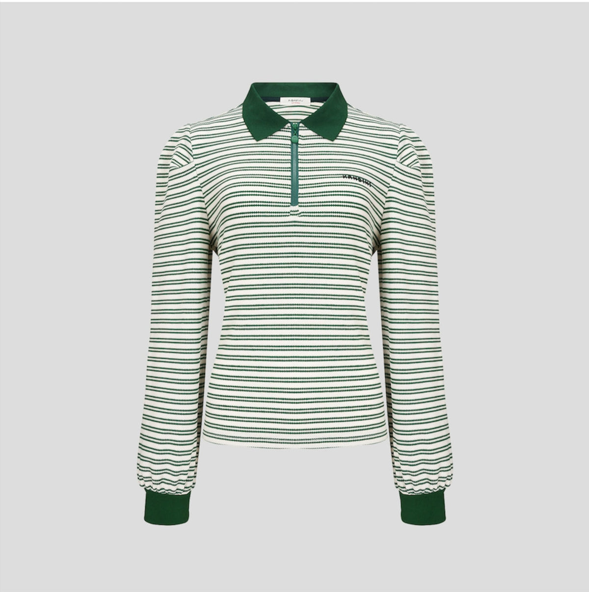ストライプ パフスリーブポロシャツ（グリーン）