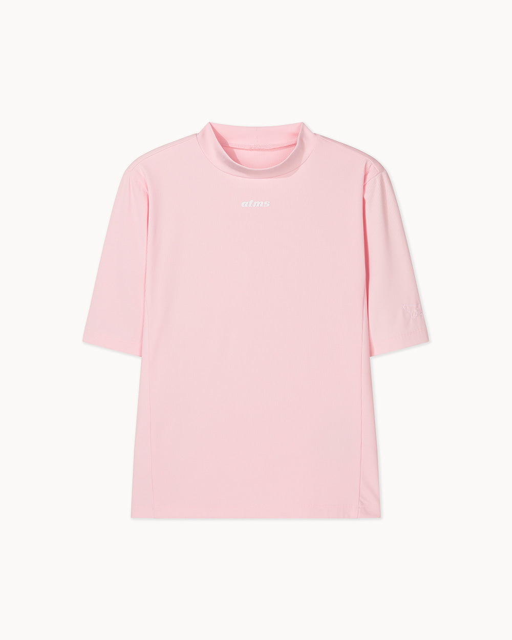 リブ5分袖 モックネックTシャツ（ピンク）