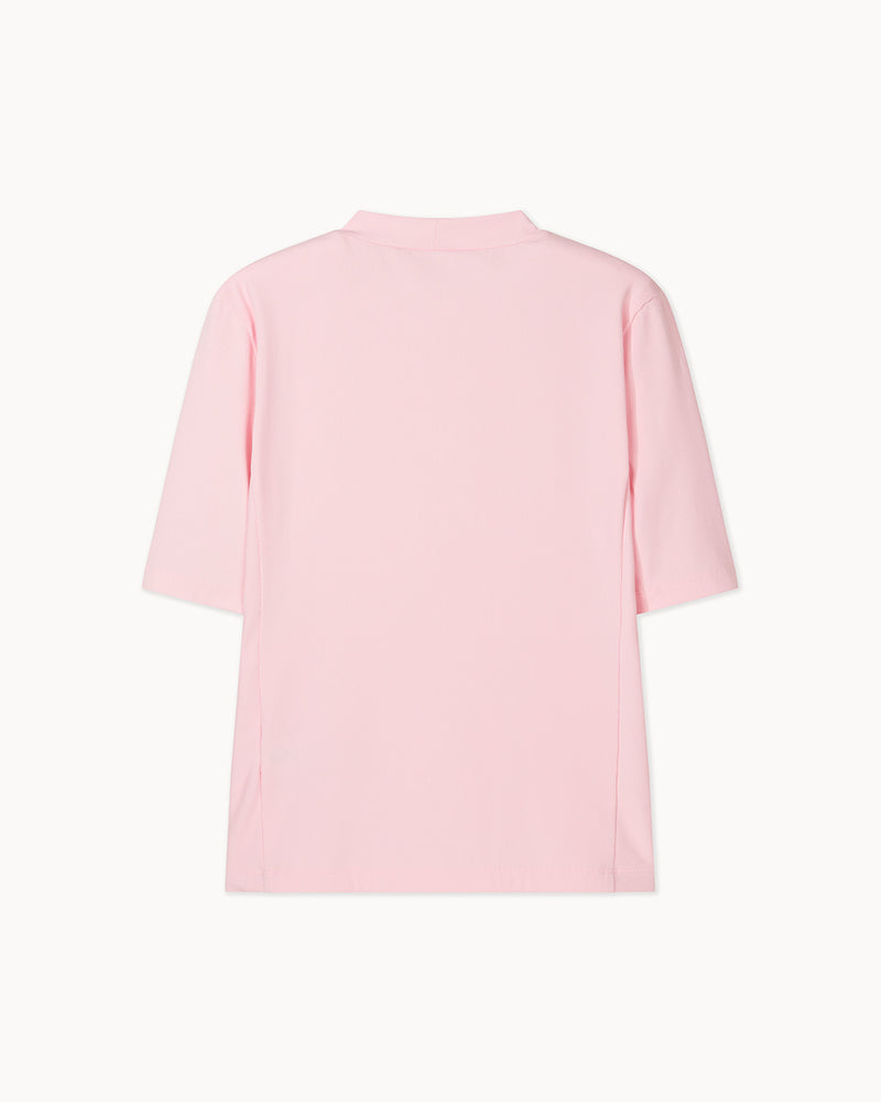リブ5分袖 モックネックTシャツ（ピンク）