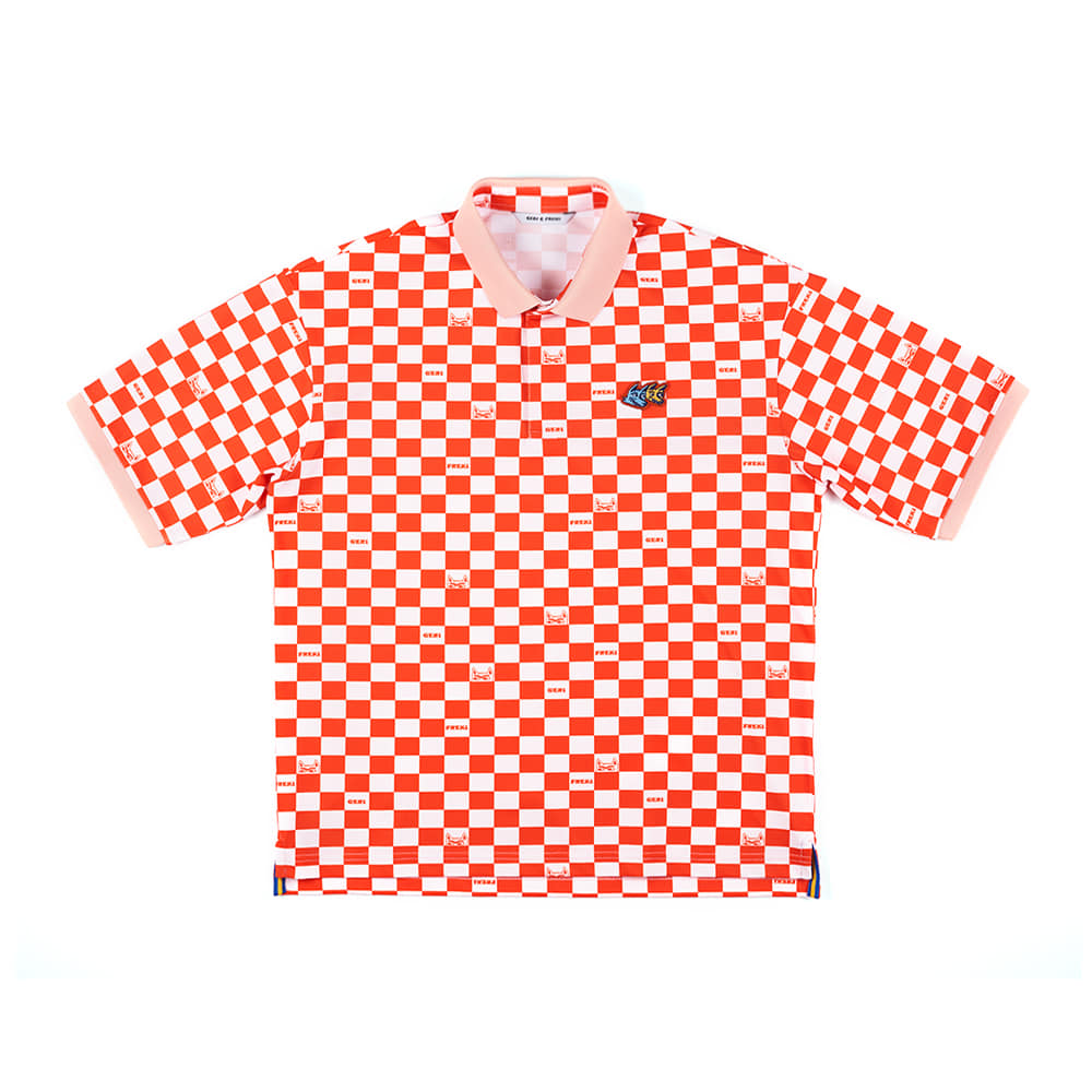 チェスパターン 半袖ポロシャツ（オレンジ）